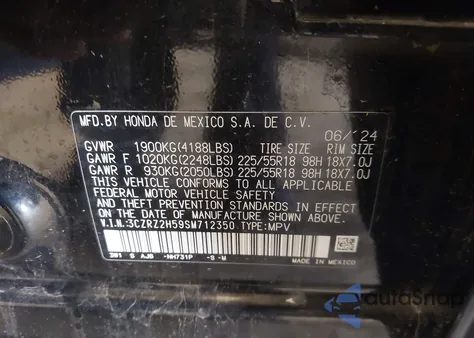 2025 Honda Hr-V Awd Sport z USA, uszkodzony, nr VIN 3CZRZ2H59SM712350